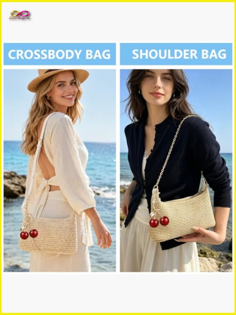Cherry Straw Shoulder Bag Summer Woven Crossbody Purse Beach Vacation Tote Hobo - Picture 2 of 6